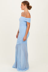 Baby Blue Ruched Mesh Off Shoulder Maxi Dress