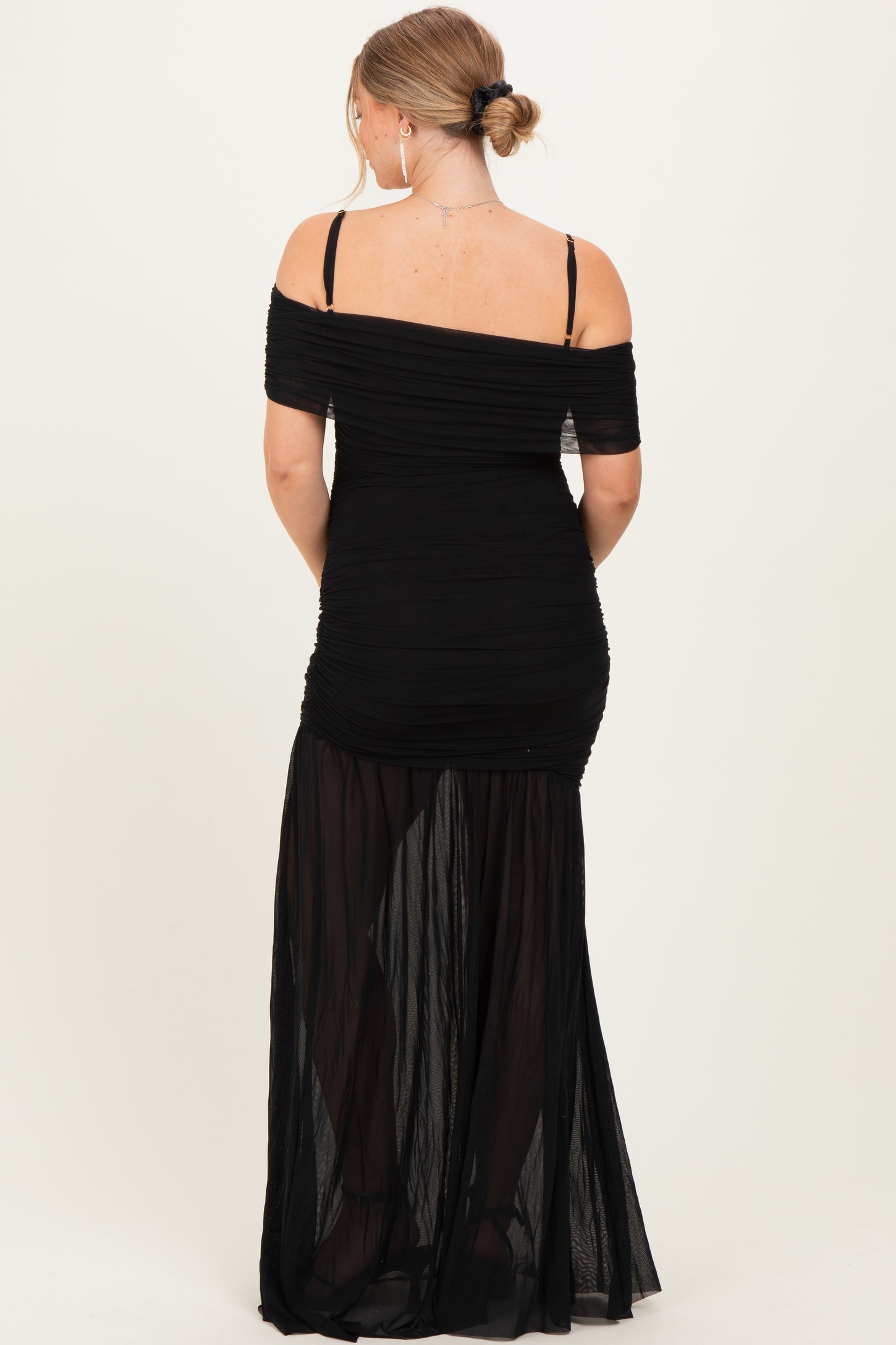 Black Ruched Mesh Off Shoulder Maternity Maxi Dress