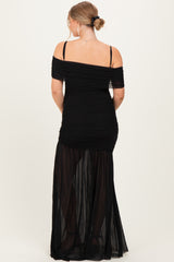 Black Ruched Mesh Off Shoulder Maternity Maxi Dress