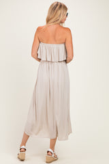 Sand Beige Woven Crinkle Flounce Strapless Maxi Dress
