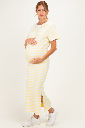 Butter Yellow Striped Scallop Trim Short Sleeve Maternity Maxi Dress