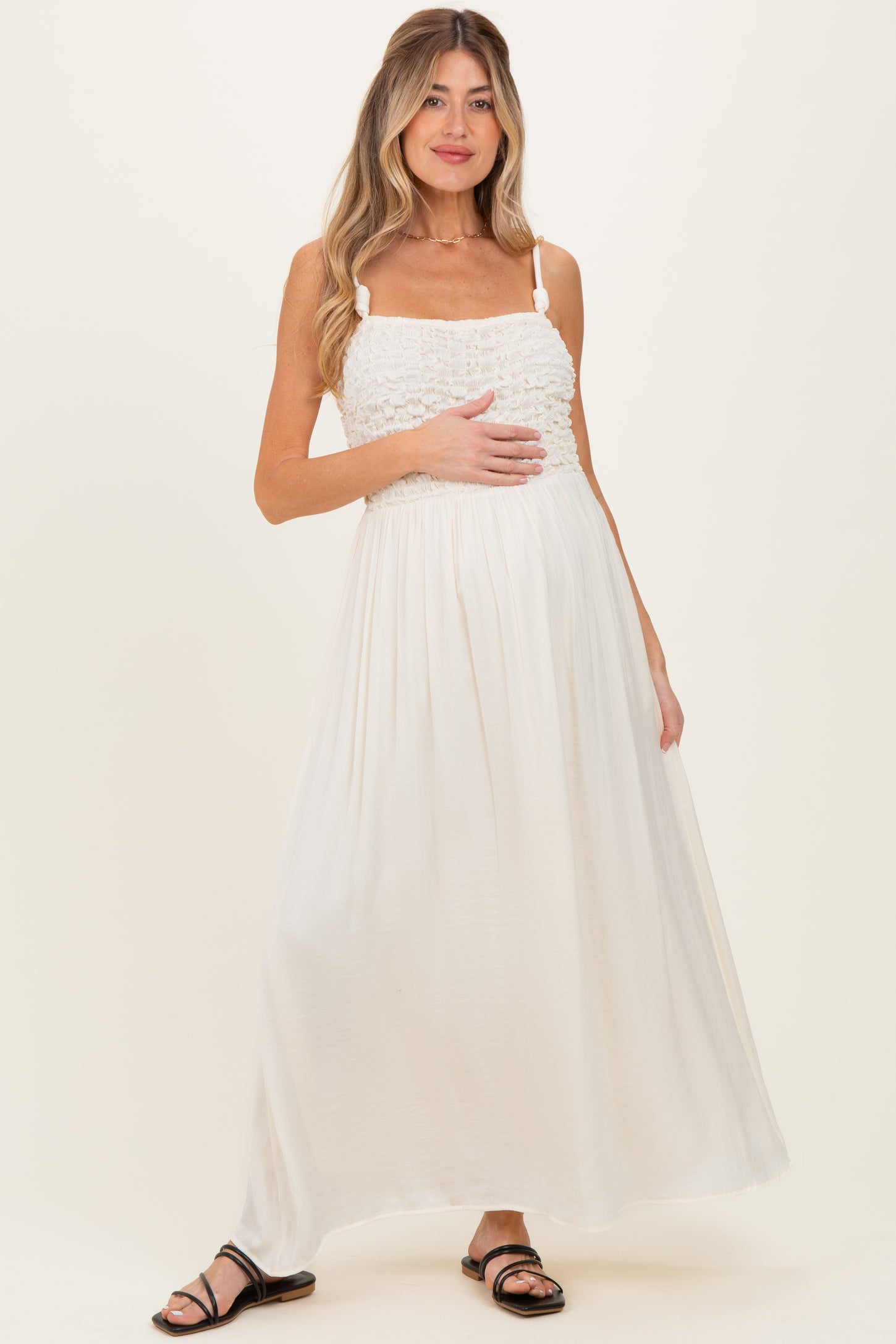 Ivory Textured Smocked Maternity Maxi Dress