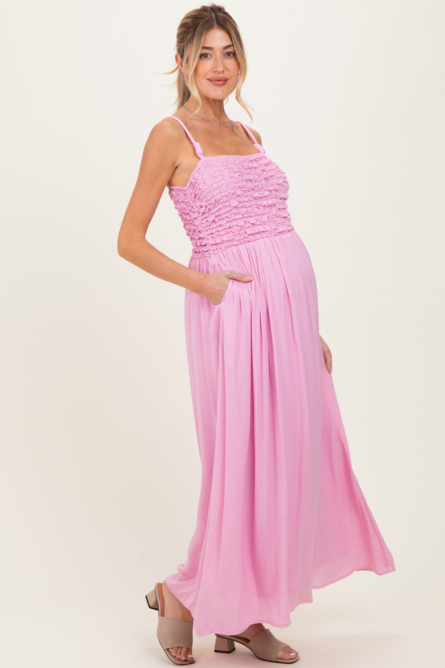 Pink Textured Smocked Maternity Maxi Dress