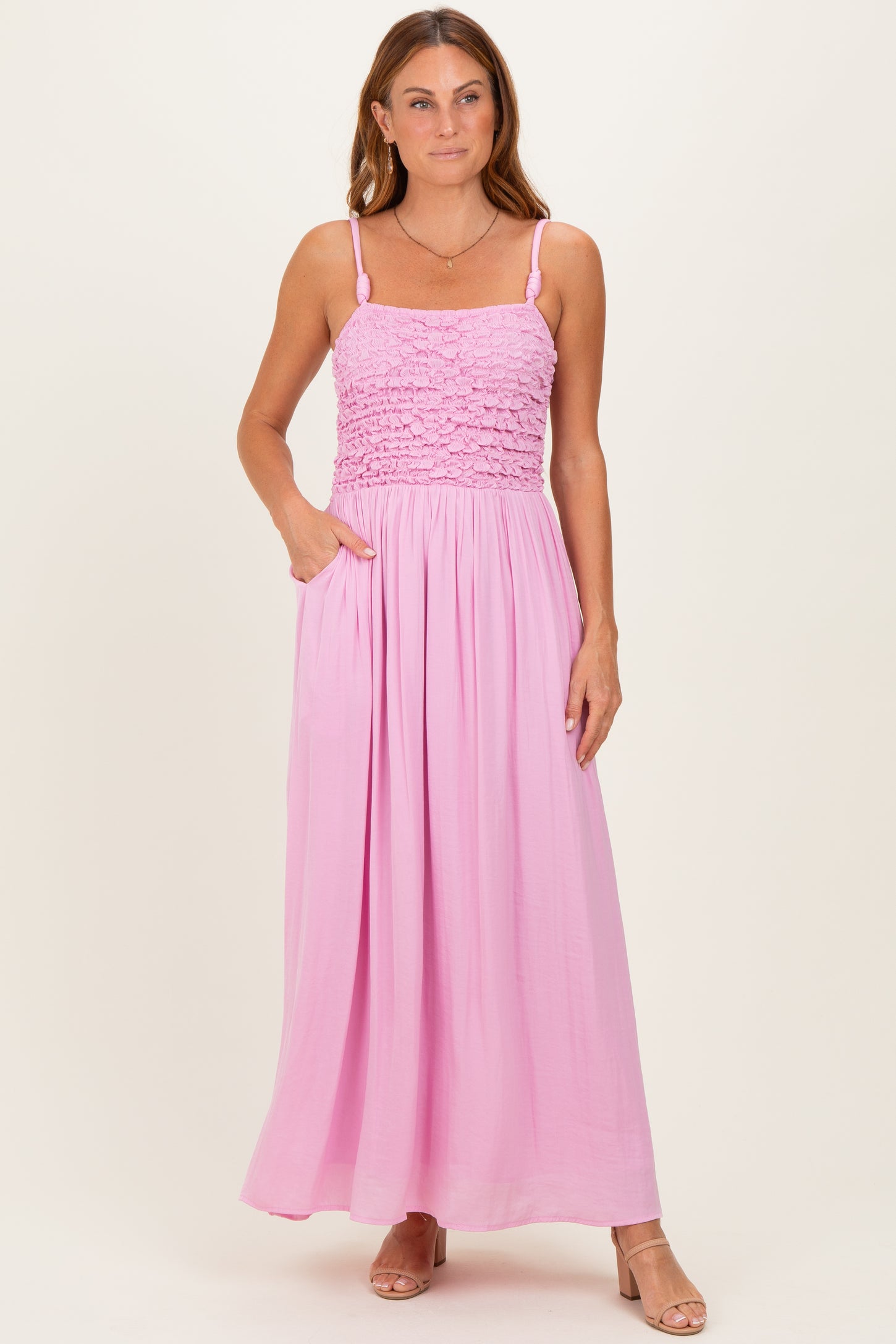 Pink Textured Smocked Maternity Maxi Dress
