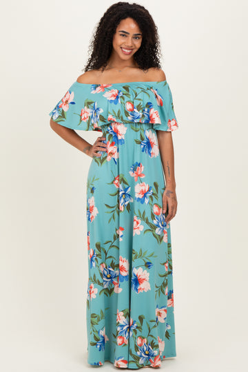 Light Blue Off Shoulder Floral Ruffle Maxi Dress