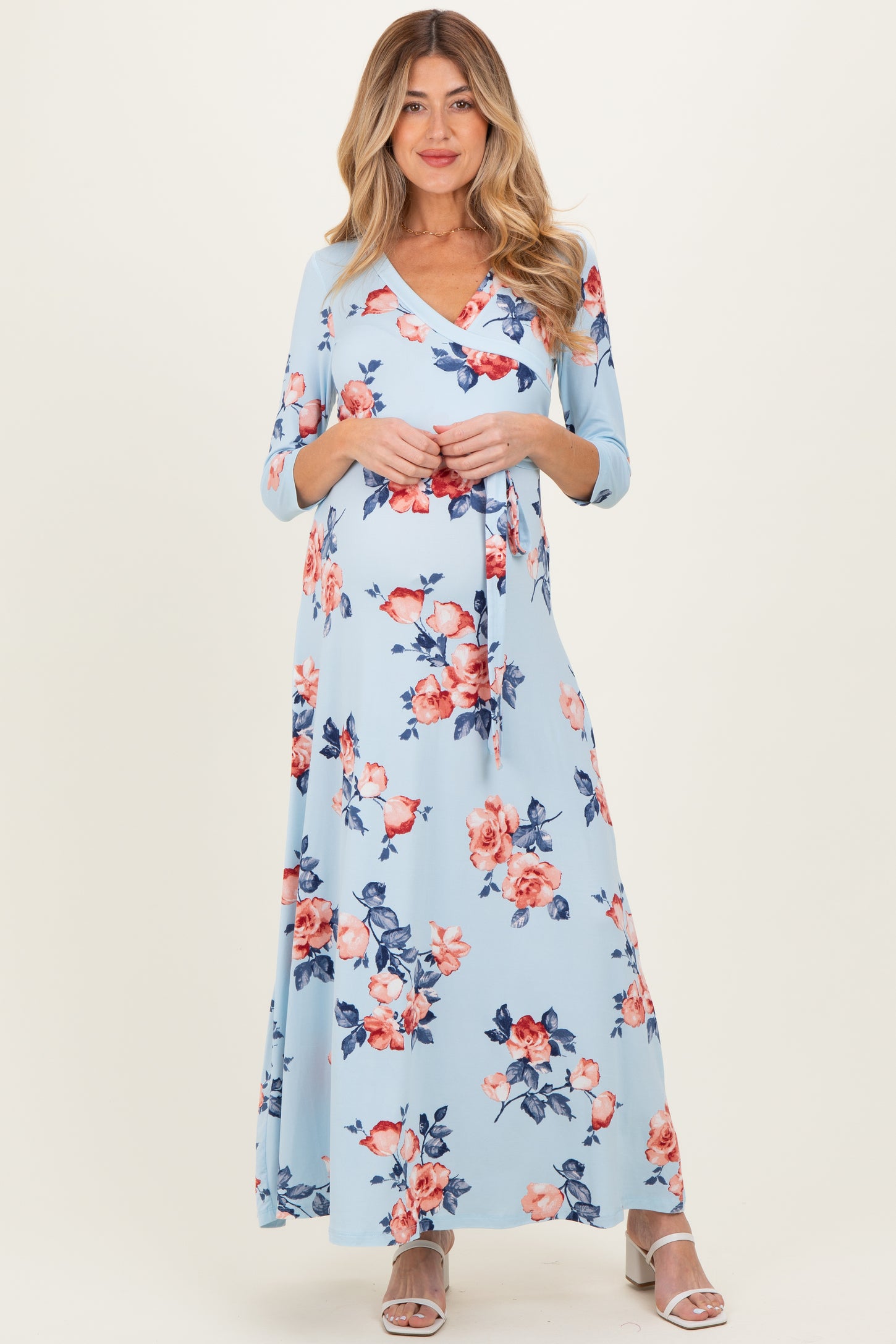 Sky Blue Floral Maternity Wrap Maxi Dress