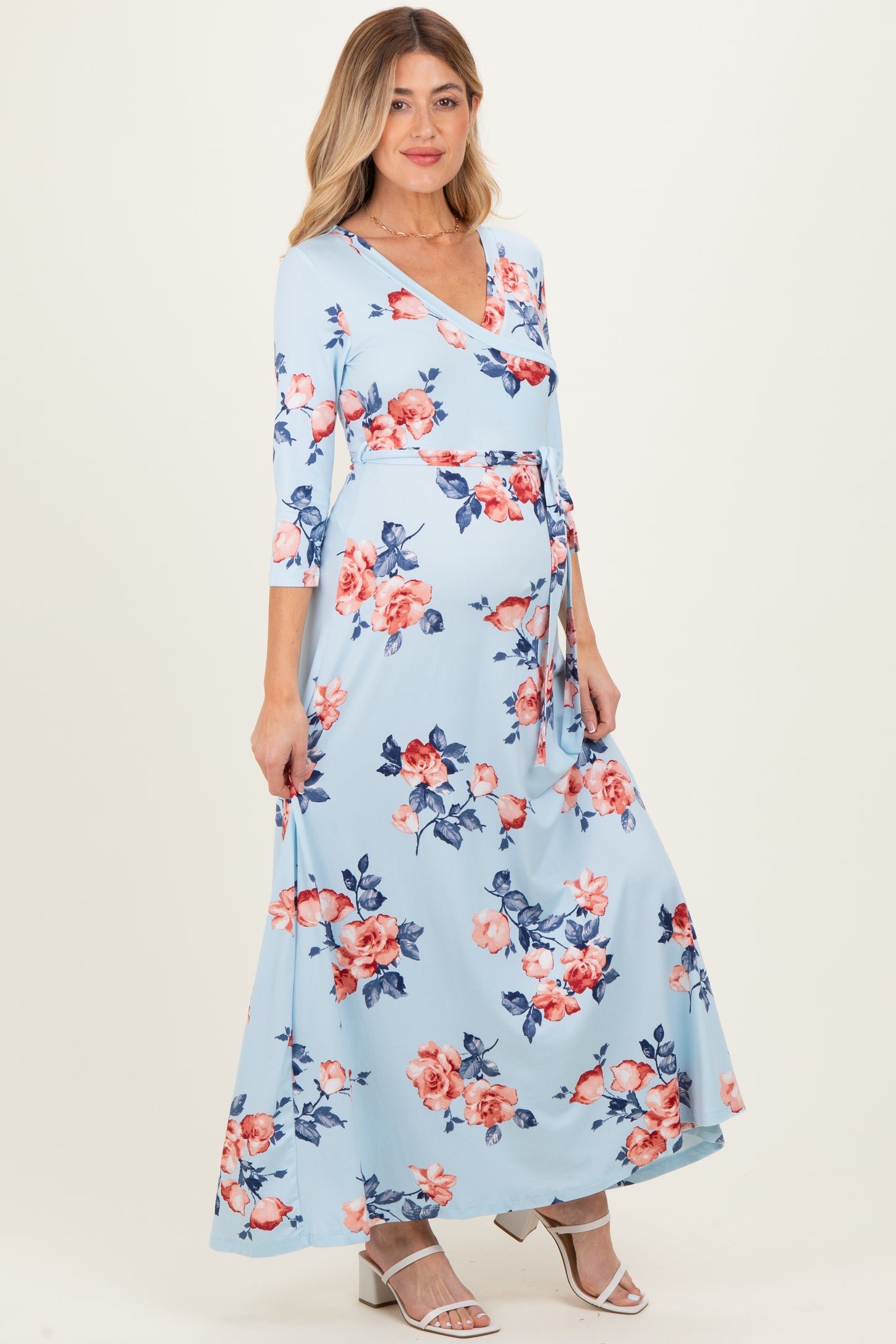 Sky Blue Floral Maternity Wrap Maxi Dress