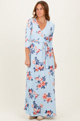 Sky Blue Floral Maternity Wrap Maxi Dress