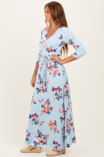 Sky Blue Floral Wrap Maxi Dress