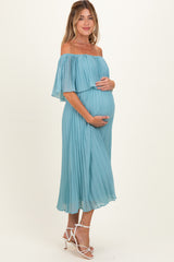 Blue Pleated Off Shoulder Flounce Maternity Midi Dress
