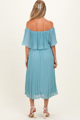 Blue Pleated Off Shoulder Flounce Maternity Midi Dress