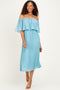 Blue Pleated Off Shoulder Flounce Midi Dress