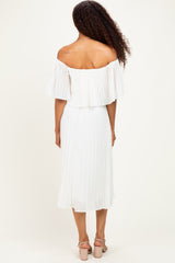 Cream Pleated Off Shoulder Flounce Midi Dress