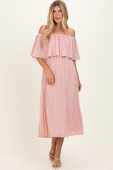 Pink Pleated Off Shoulder Flounce Midi Dress