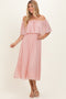 Pink Pleated Off Shoulder Flounce Midi Dress