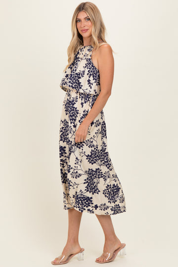 Navy Floral Flounce Halter Midi Dress