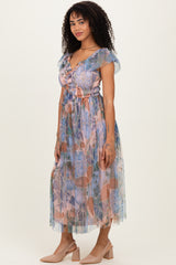 Multicolor Floral Mesh Smocked Cinched Bodice Midi Dresses