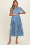 Blue Smocked Top Mesh Midi Dress