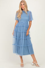 Blue Smocked Top Mesh Midi Dress