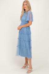 Blue Smocked Top Mesh Midi Dress