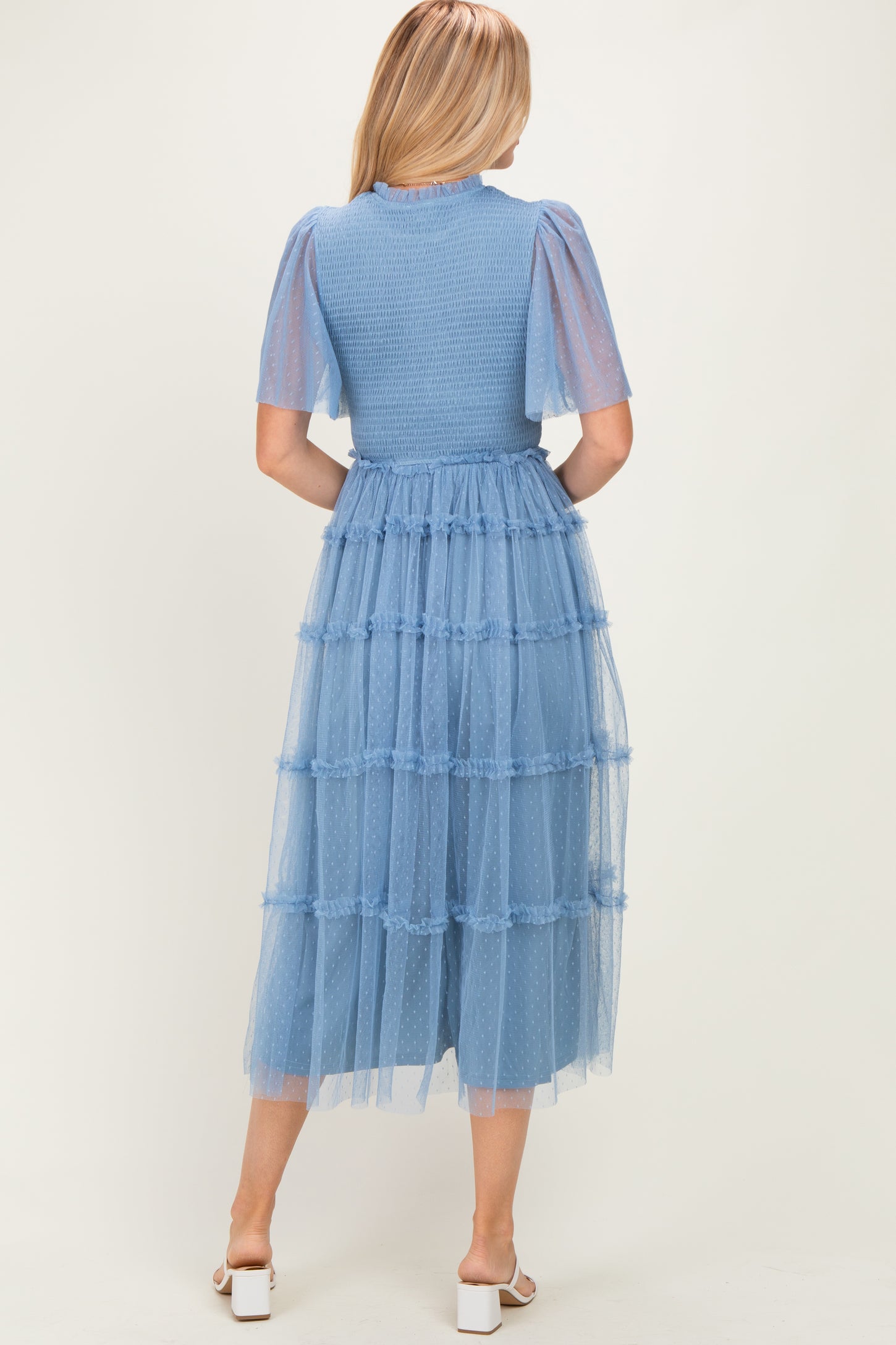 Blue Smocked Top Mesh Midi Dress