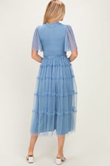 Blue Smocked Top Mesh Midi Dress