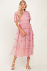 Pink Smocked Top Mesh Midi Dress