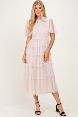 Cream Smocked Top Mesh Midi Dress