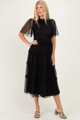 Black Smocked Top Mesh Midi Dress