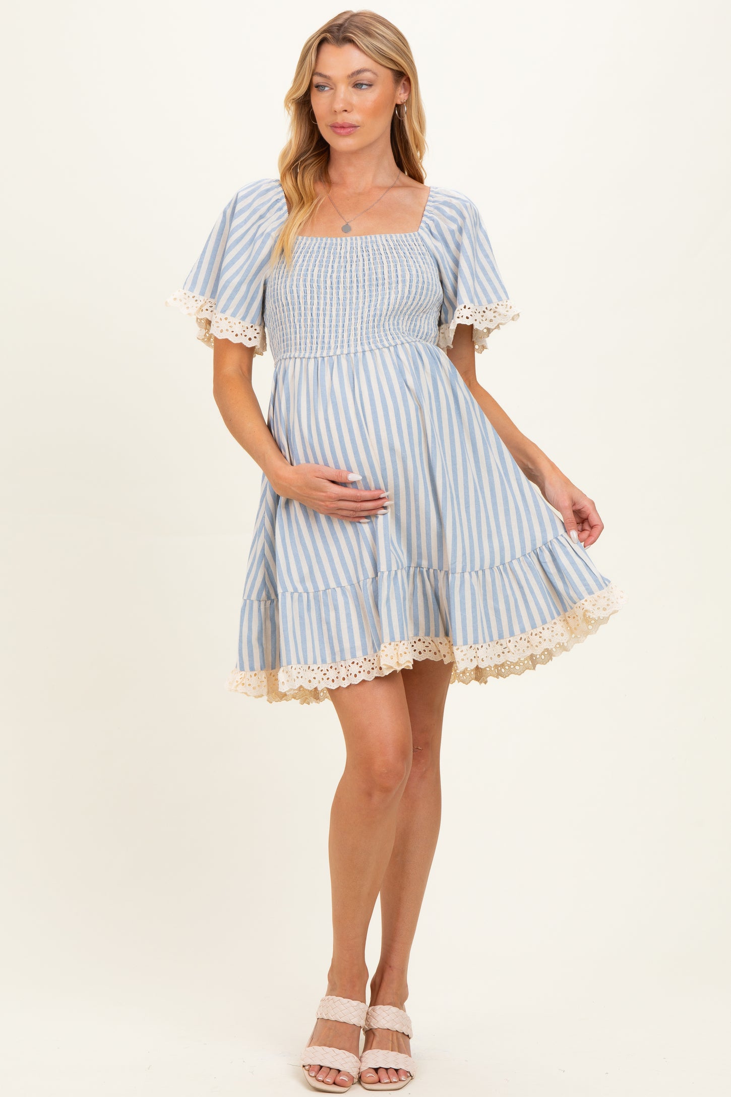 Light Blue Striped Smocked Lace Trim Maternity Dress