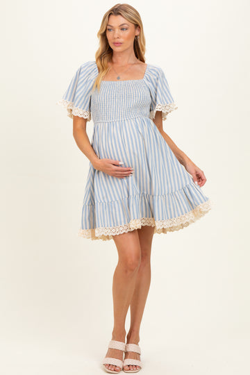 Light Blue Striped Smocked Lace Trim Maternity Dress