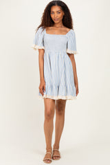Light Blue Striped Smocked Lace Trim Dress