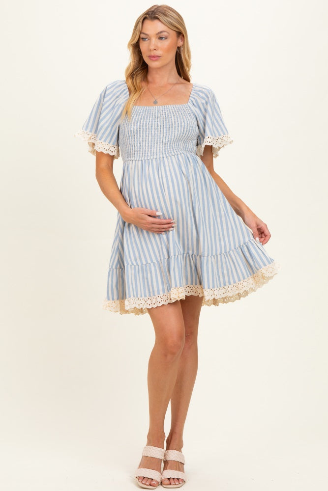Light Blue Striped Smocked Lace Trim Maternity Dress