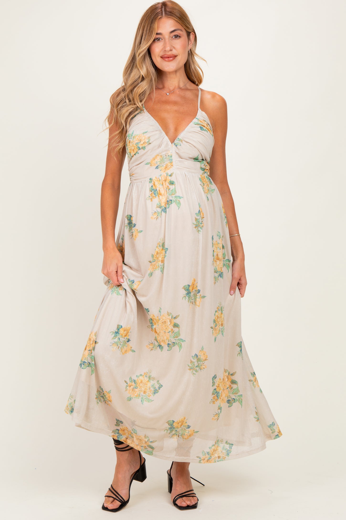 Cream Criss-Cross Back Mesh Maternity Dress