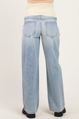 woman wearing light blue maternity wide-leg jeans, shown from the back, with a comfortable waistband