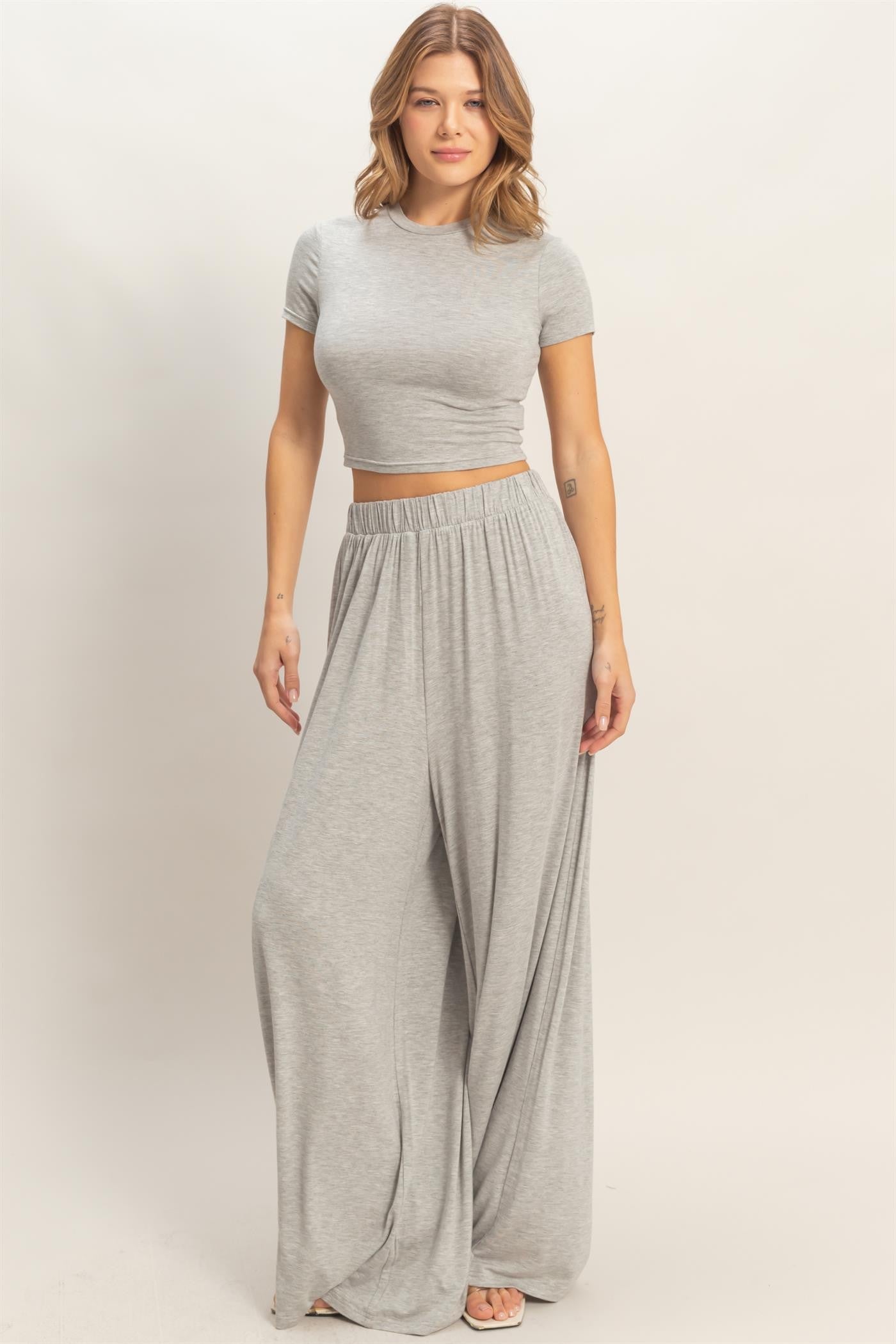 Heather Grey Short Sleeve Crop Top Wide Leg Pant Set