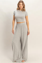 Heather Grey Short Sleeve Crop Top Wide Leg Pant Set