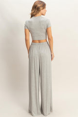 Heather Grey Short Sleeve Crop Top Wide Leg Pant Set