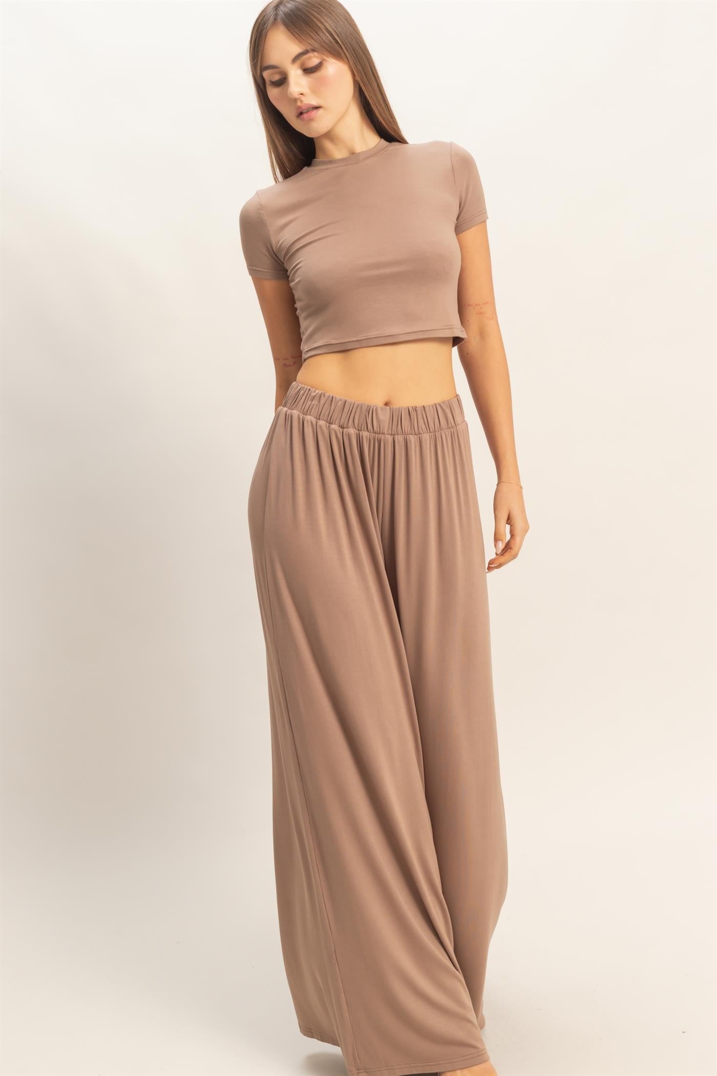Dark Taupe Short Sleeve Crop Top Wide Leg Pant Maternity Set