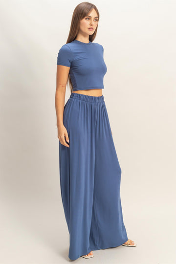 Light Navy Short Sleeve Crop Top Wide Leg Pant Set