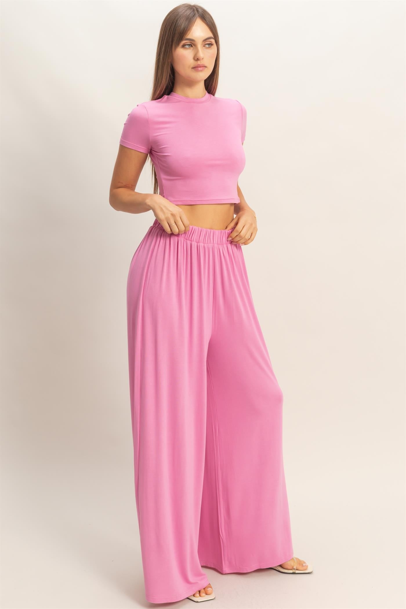 Pink Short Sleeve Crop Top Wide Leg Pant Set