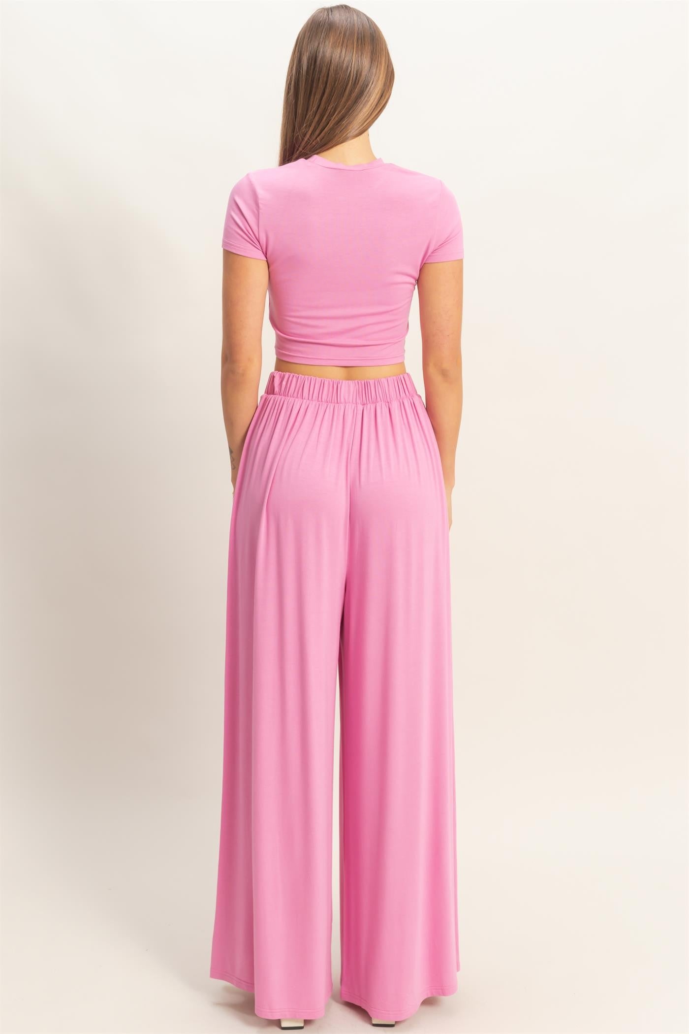 Pink Short Sleeve Crop Top Wide Leg Pant Set