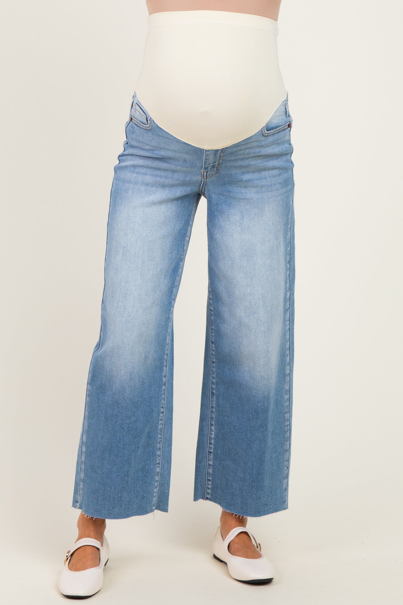Light Wash Maternity Crop Wide Leg With Raw Hem
