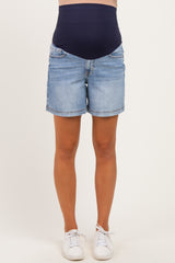 Medium Wash Maternity Midi Shorts