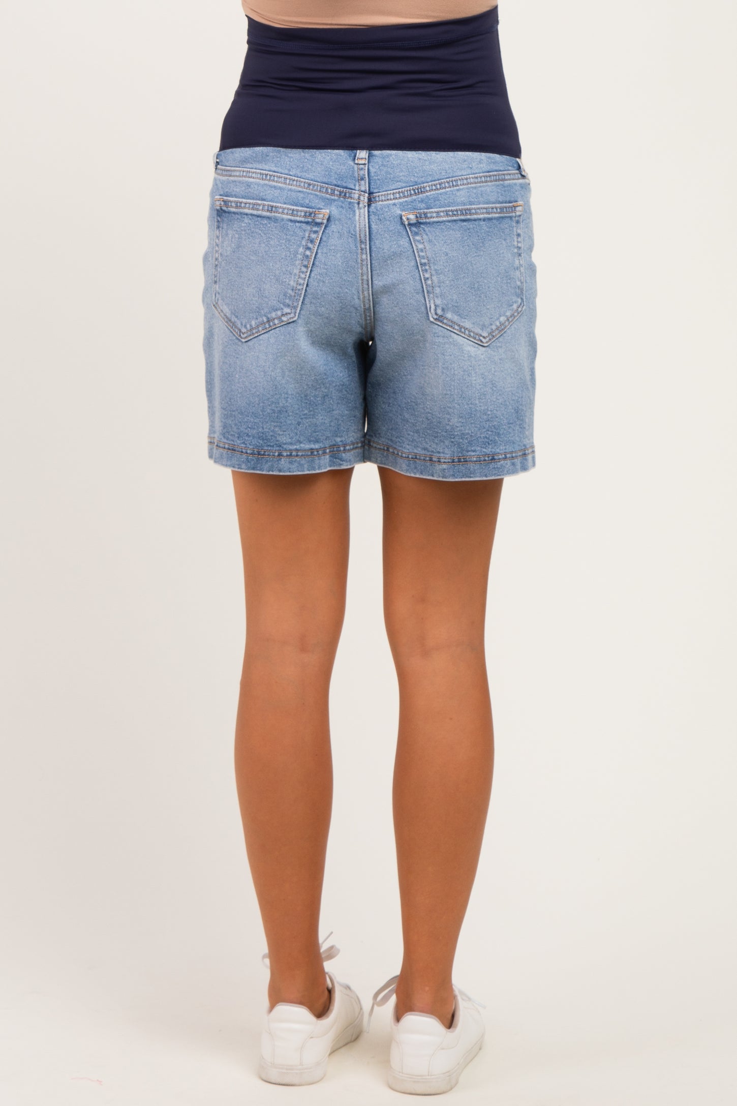 Medium Wash Maternity Midi Shorts