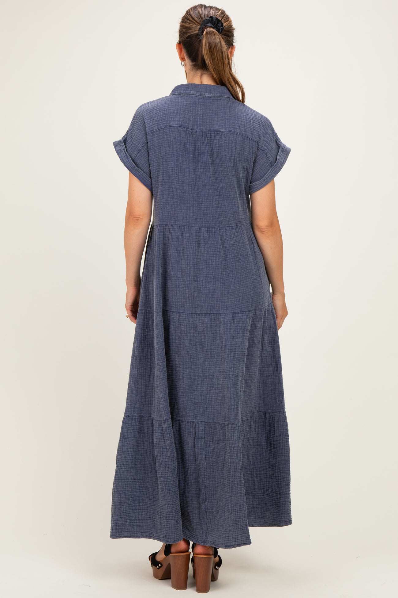 Navy Breezy Mineral-Washed Gauze Maternity Maxi Shirt Dress