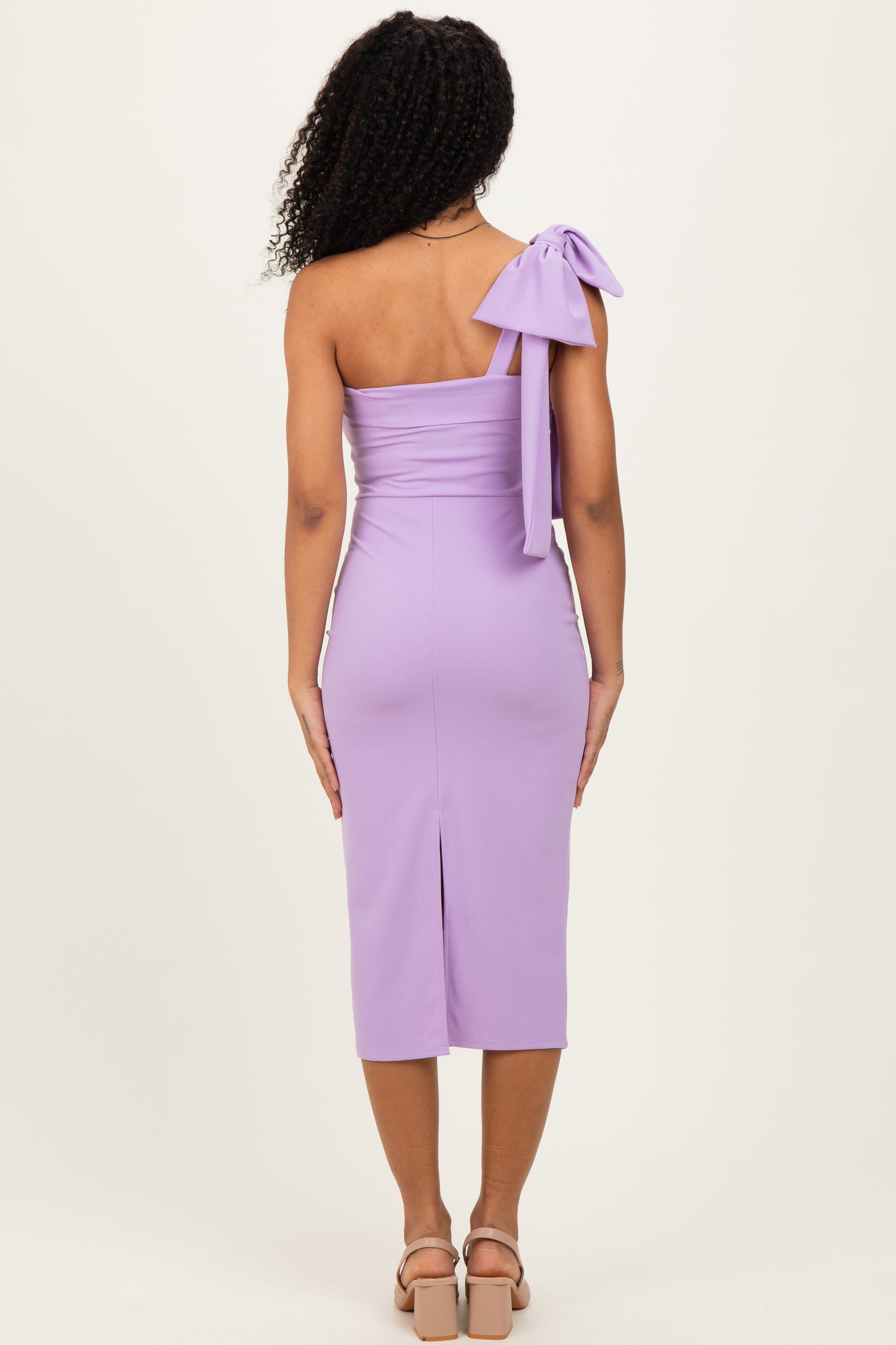 Lavender One Shoulder Bow Midi Dress