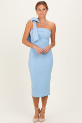 Light Blue One Shoulder Bow Midi Dress