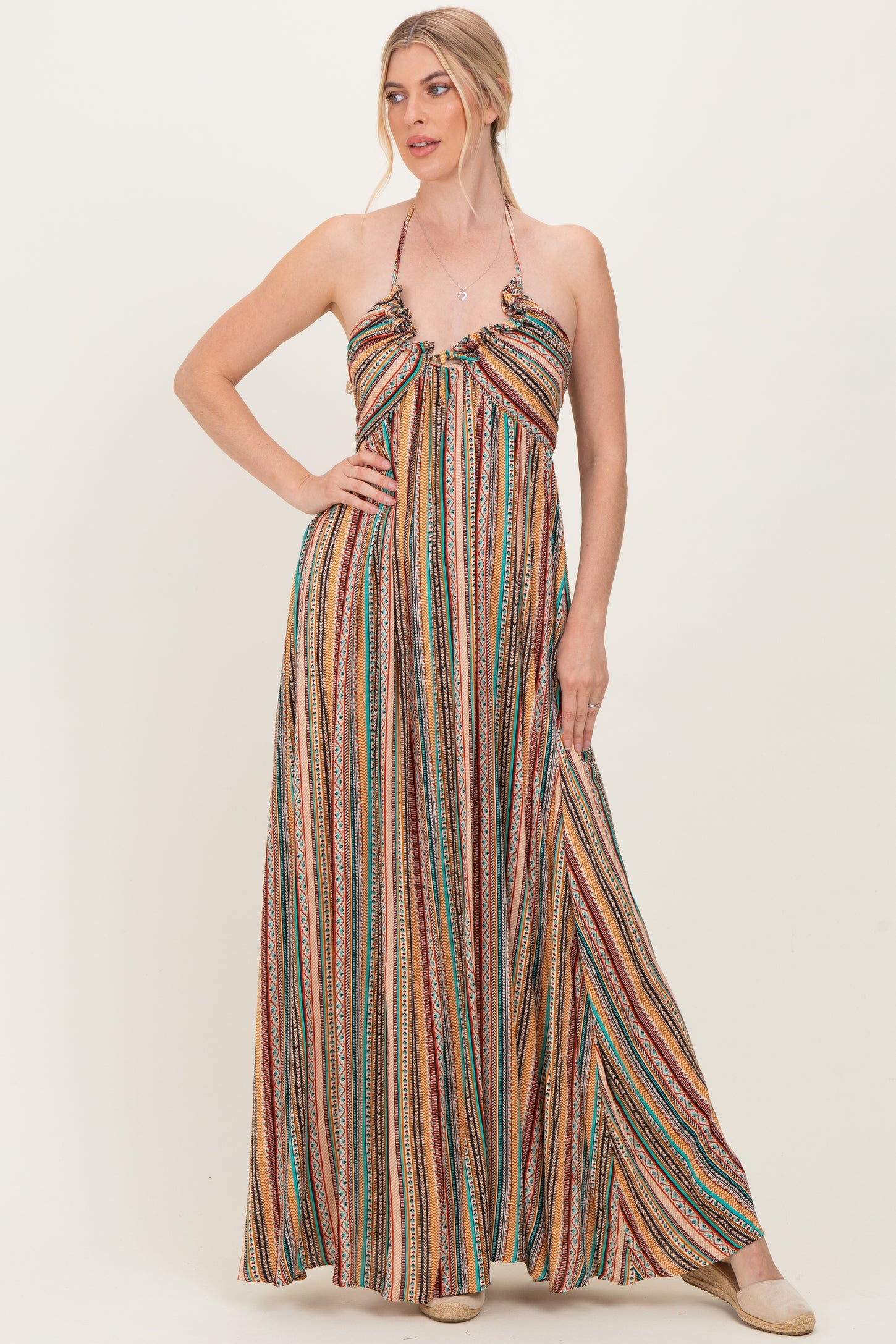 Multicolor Printed V-Neck Halter Maternity Maxi Dress