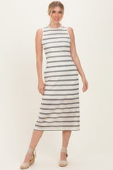 Ivory Striped Mesh Sleeveless Maternity Midi Dress
